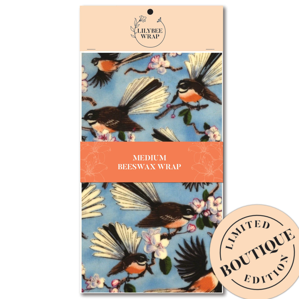 Fantails and Apple Blossoms - medium beeswax wrap – Dee's Bees NZ
